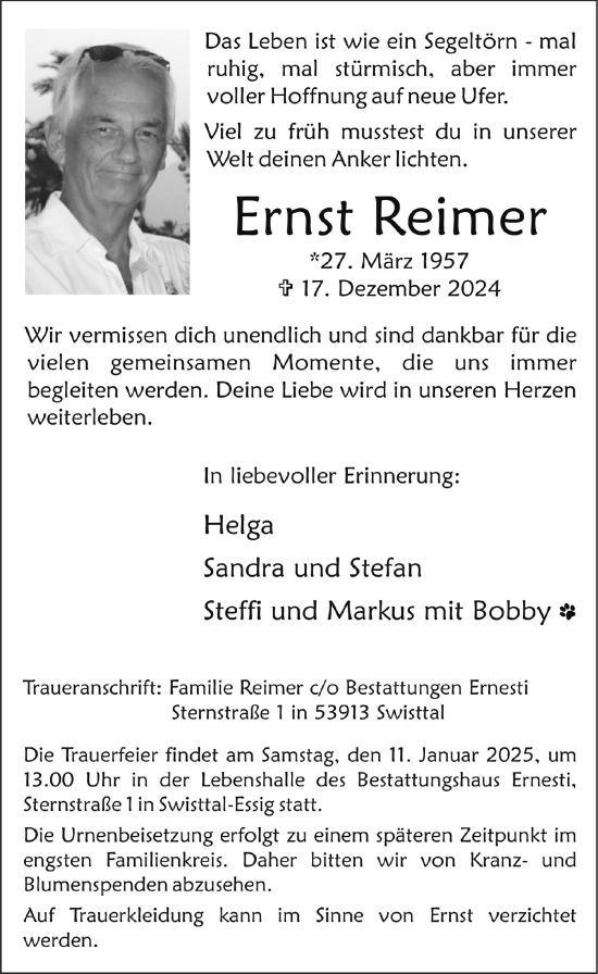 Anzeige von Ernst Reimer von  Blickpunkt Euskirchen 