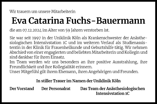 Anzeige von Eva Catarina Fuchs-Bauermann von Kölner Stadt-Anzeiger / Kölnische Rundschau / Express