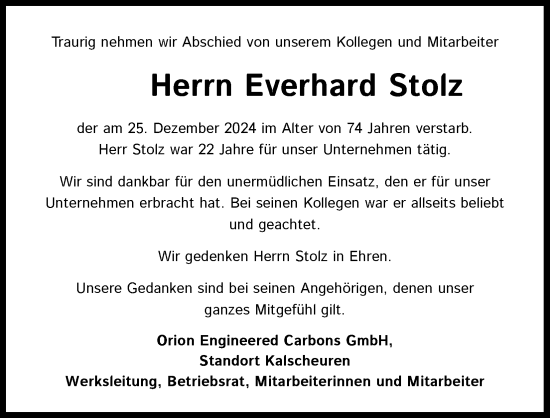 Anzeige von Everhard Stolz von Kölner Stadt-Anzeiger / Kölnische Rundschau / Express