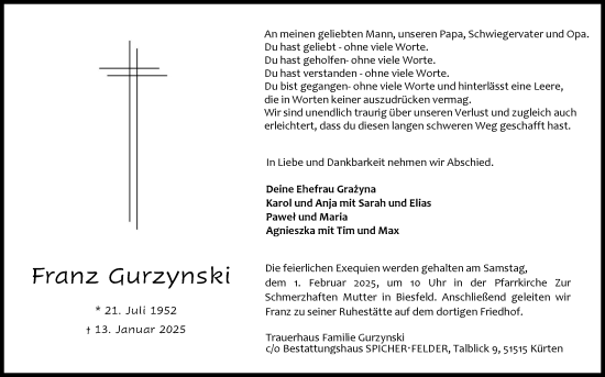 Anzeige von Franz Gurzynski von Kölner Stadt-Anzeiger / Kölnische Rundschau / Express