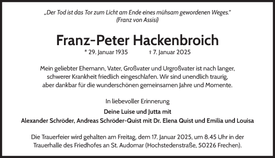 Anzeige von Franz-Peter Hackenbroich von  Wochenende 