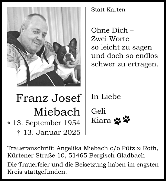 Anzeige von Franz Josef Miebach von  Bergisches Handelsblatt 