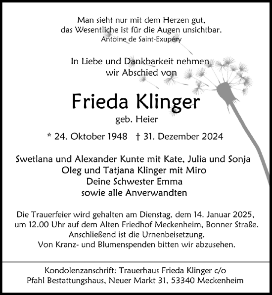 Anzeige von Frieda Klinger von  Schaufenster/Blickpunkt 
