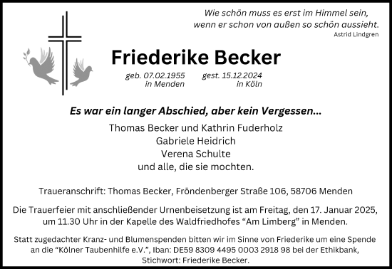 Anzeige von Friederike Becker von Kölner Stadt-Anzeiger / Kölnische Rundschau / Express