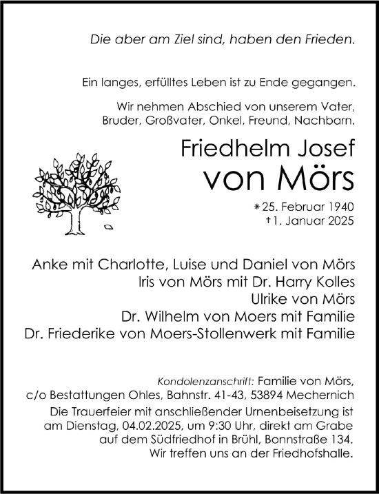Anzeige von Friedhelm Josef von Mörs von  Schlossbote/Werbekurier 