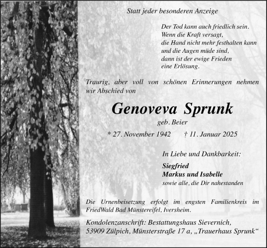 Anzeige von Genoveva  Sprunk von  Blickpunkt Euskirchen 