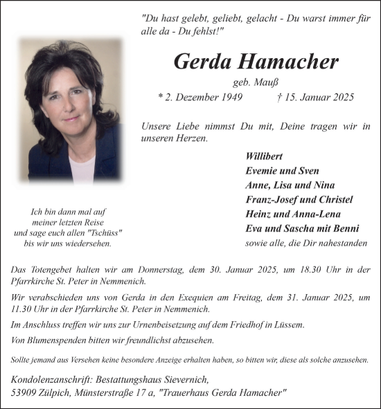 Anzeige von Gerda Hamacher von  Blickpunkt Euskirchen 