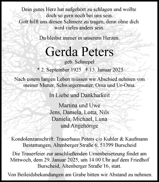 Anzeige von Gerda Peters von Kölner Stadt-Anzeiger / Kölnische Rundschau / Express