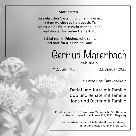 Anzeige von Gertrud Marenbach von Kölner Stadt-Anzeiger / Kölnische Rundschau / Express