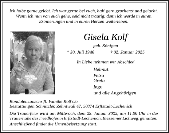 Anzeige von Gisela Kolf von  Werbepost 