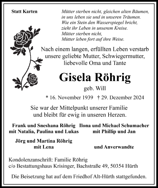Anzeige von Gisela Röhrig von  Wochenende 