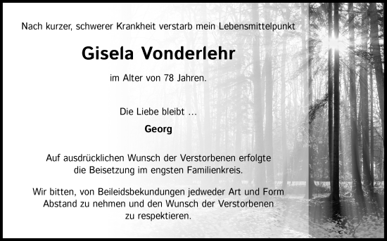 Anzeige von Gisela Vonderlehr von Kölner Stadt-Anzeiger / Kölnische Rundschau / Express
