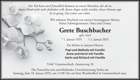 Anzeige von Grete Buschbacher von  Anzeigen Echo 
