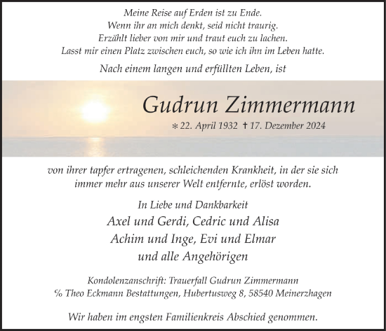 Anzeige von Gudrun Zimmermann von  Anzeigen Echo 