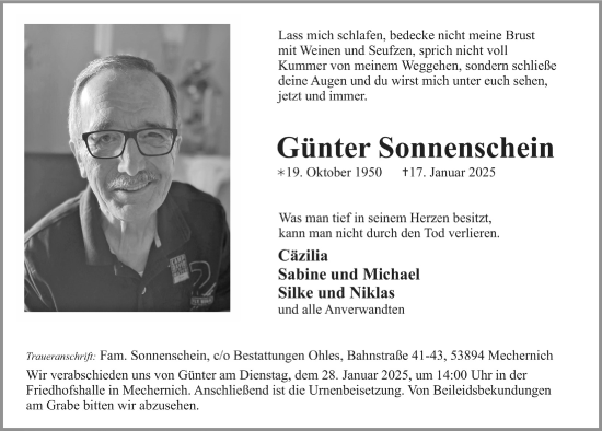 Anzeige von Günter Sonnenschein von  Blickpunkt Euskirchen 