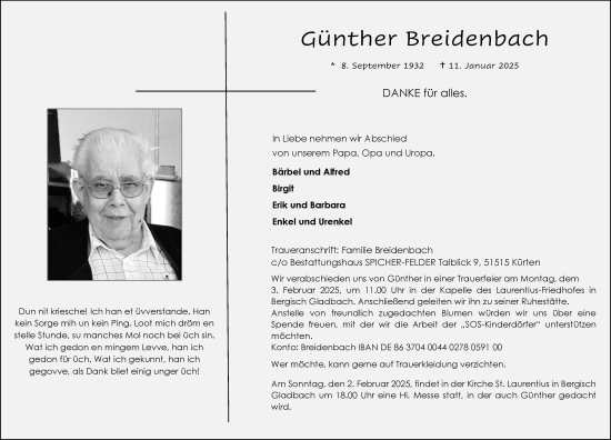 Anzeige von Günther Breidenbach von Kölner Stadt-Anzeiger / Kölnische Rundschau / Express