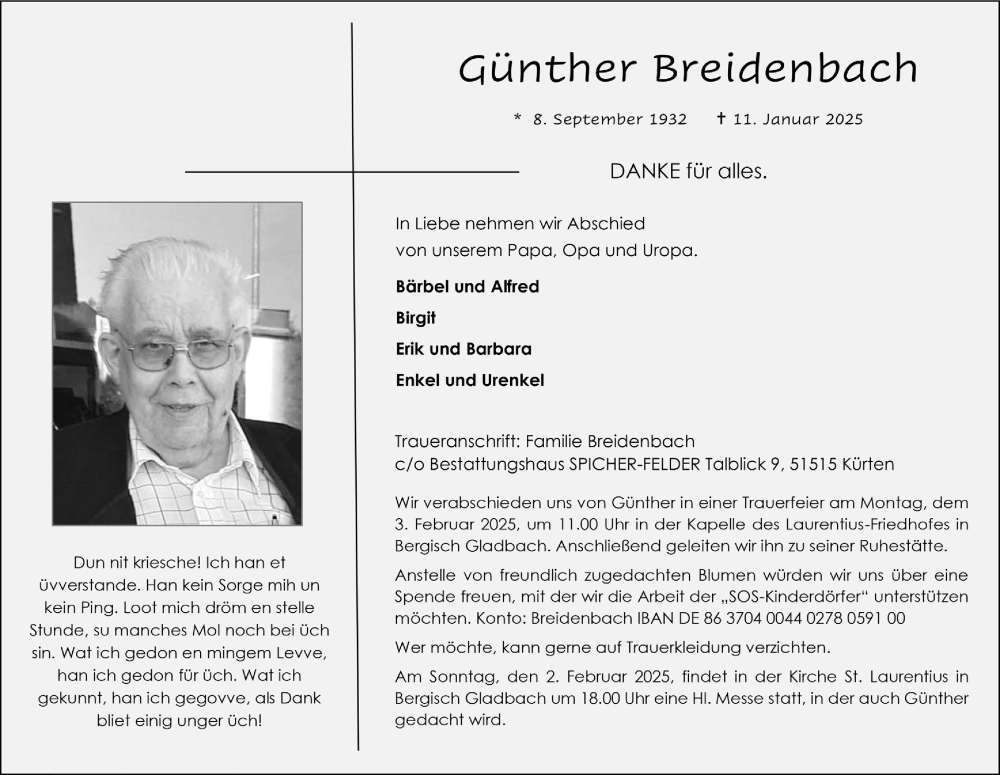  Traueranzeige für Günther Breidenbach vom 24.01.2025 aus  Bergisches Handelsblatt 