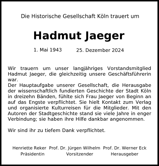 Anzeige von Hadmut Jaeger von Kölner Stadt-Anzeiger / Kölnische Rundschau / Express