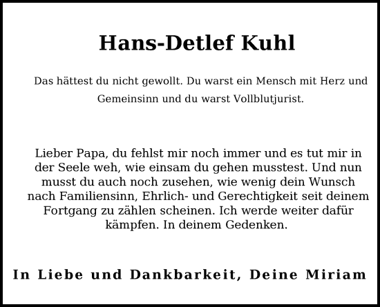Anzeige von Hans-Detlef Kuhl von Kölner Stadt-Anzeiger / Kölnische Rundschau / Express