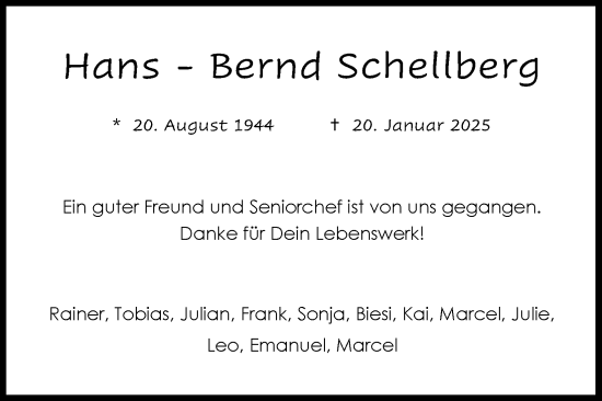 Anzeige von Hans Bernd Schellberg von Kölner Stadt-Anzeiger / Kölnische Rundschau / Express