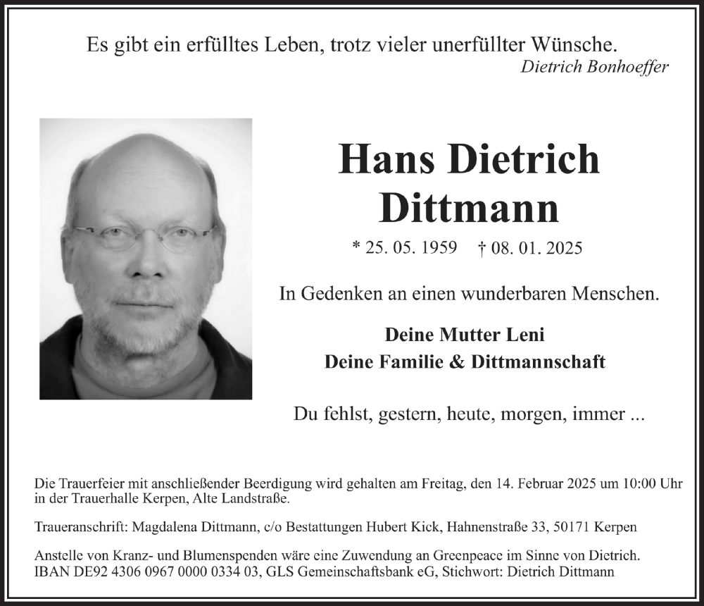  Traueranzeige für Hans Dietrich Dittmann vom 31.01.2025 aus  Werbepost 