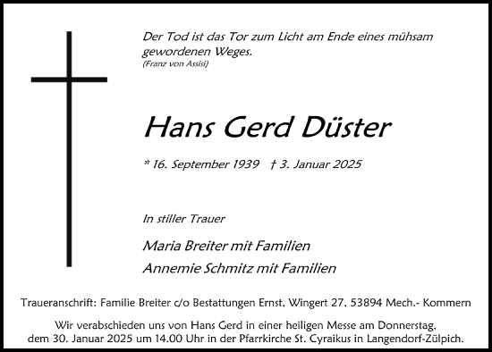 Anzeige von Hans Gerd Düster von  Blickpunkt Euskirchen 
