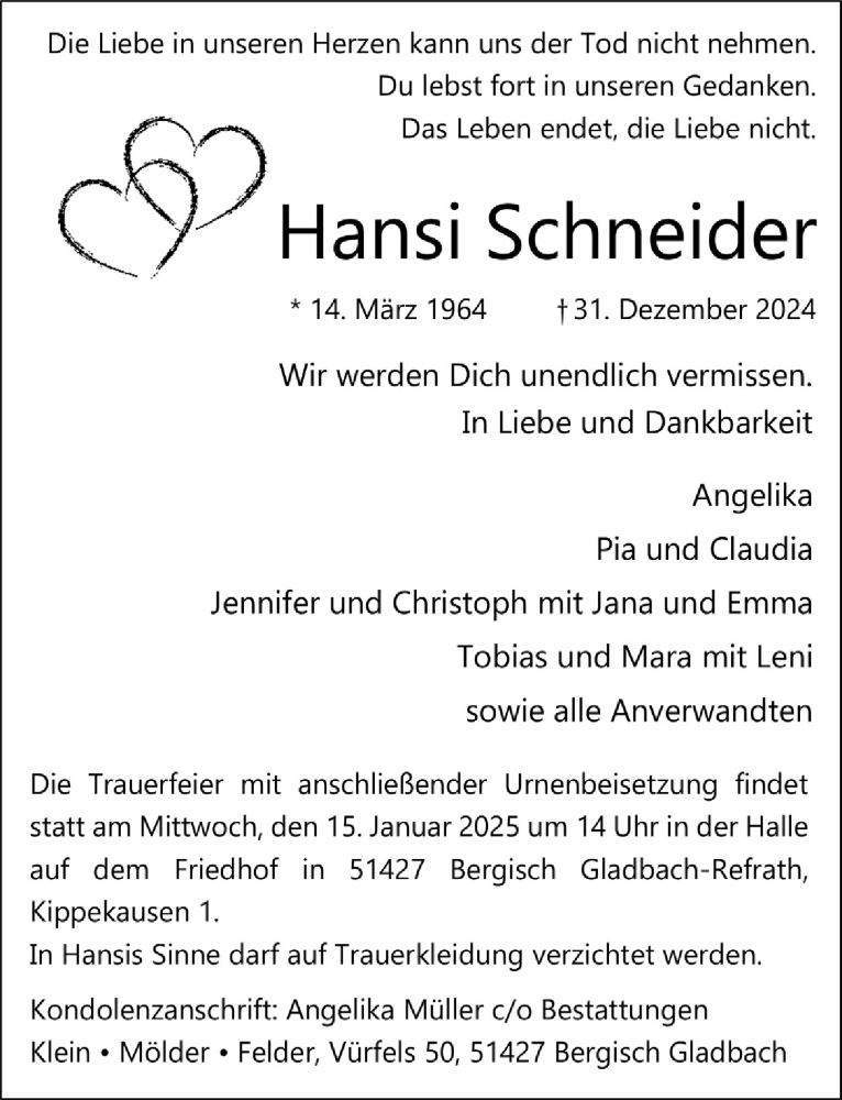 Traueranzeige für Hansi Schneider vom 10.01.2025 aus  Bergisches Handelsblatt 