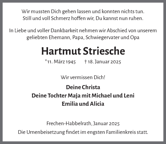 Anzeige von Hartmut Striesche von  Wochenende 