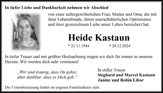 Anzeige von Heide Kastaun von  Wochenende 