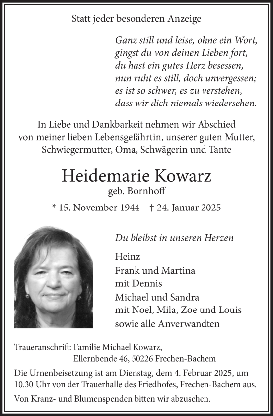 Anzeige von Heidemarie Kowarz von  Wochenende 