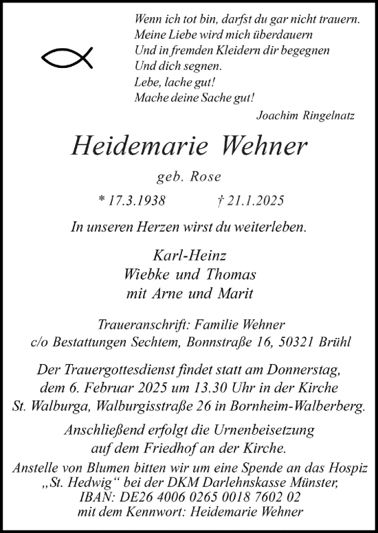Anzeige von Heidemarie Wehner von  Schlossbote/Werbekurier 