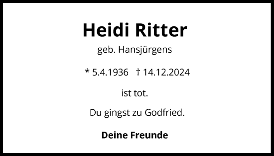 Anzeige von Heidi Ritter von Kölner Stadt-Anzeiger / Kölnische Rundschau / Express