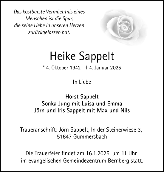 Anzeige von Heike Sappelt von Kölner Stadt-Anzeiger / Kölnische Rundschau / Express
