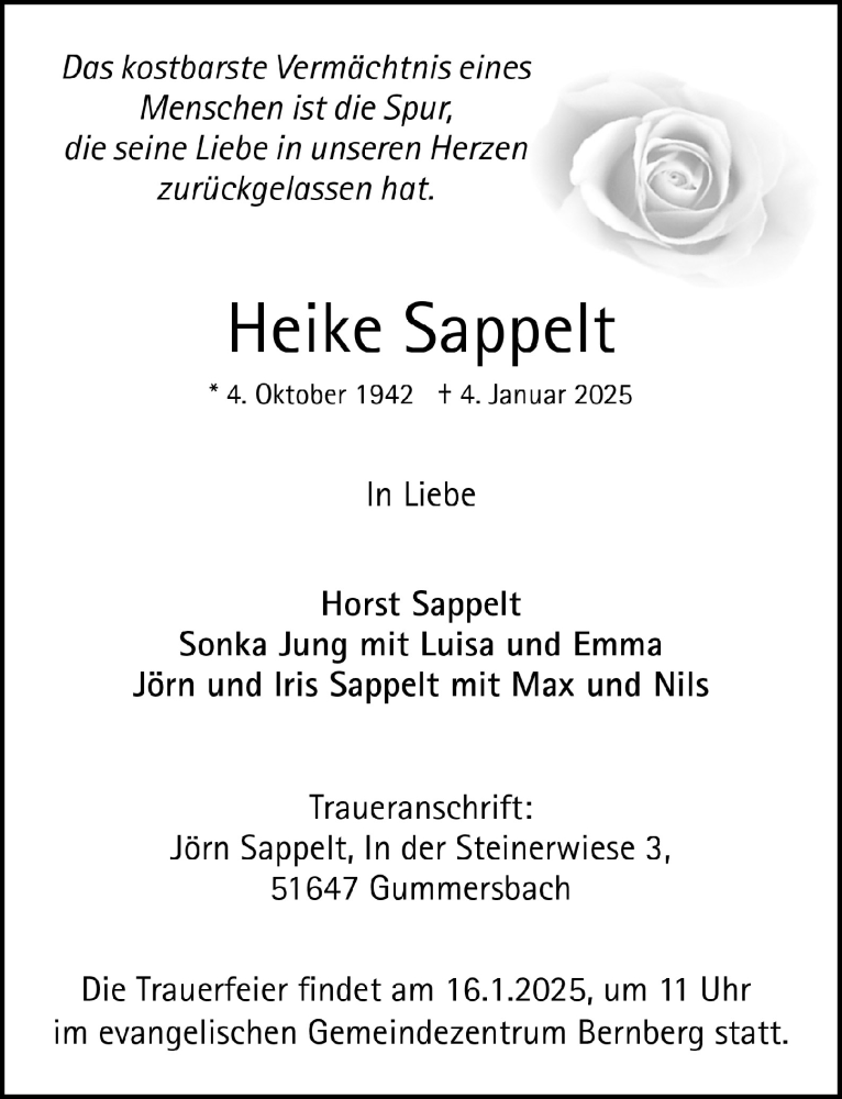  Traueranzeige für Heike Sappelt vom 10.01.2025 aus  Anzeigen Echo 