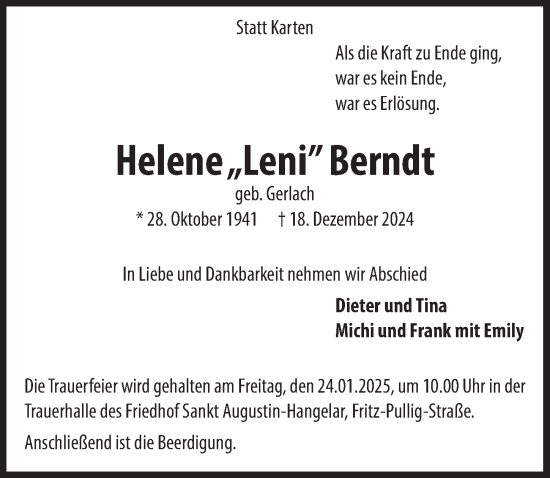 Anzeige von Helene Berndt von  Extra Blatt 