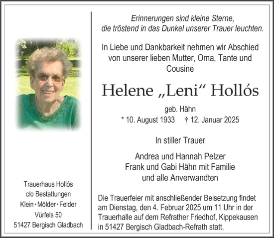 Anzeige von Helene Hollos von  Bergisches Handelsblatt 