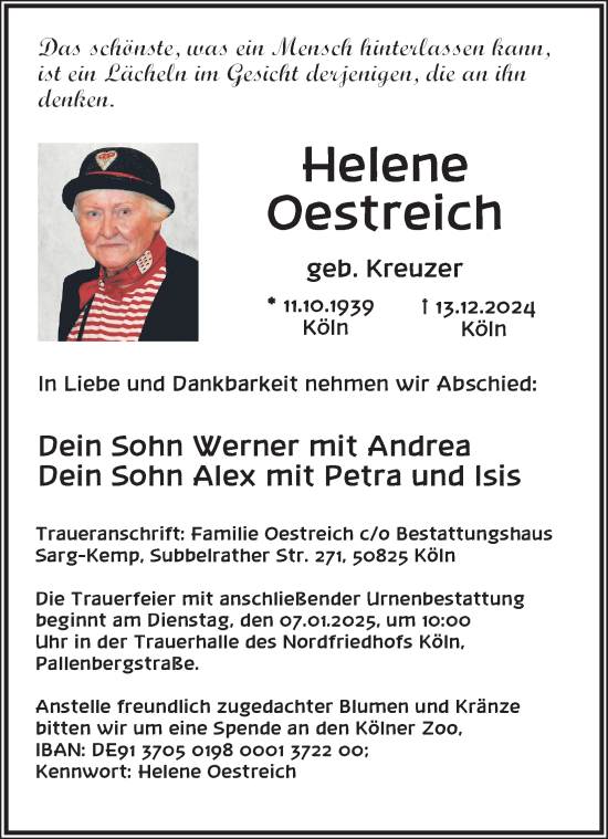 Anzeige von Helene Oestreich von Kölner Stadt-Anzeiger / Kölnische Rundschau / Express