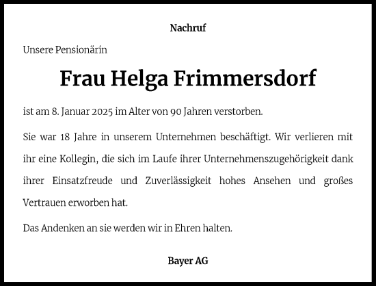 Anzeige von Helga Frimmersdorf von Kölner Stadt-Anzeiger / Kölnische Rundschau / Express