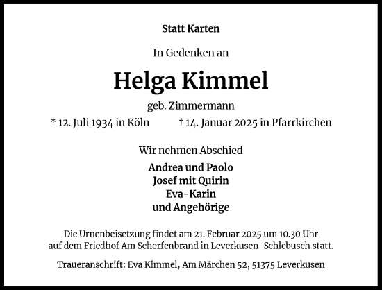 Anzeige von Helga Kimmel von Kölner Stadt-Anzeiger / Kölnische Rundschau / Express