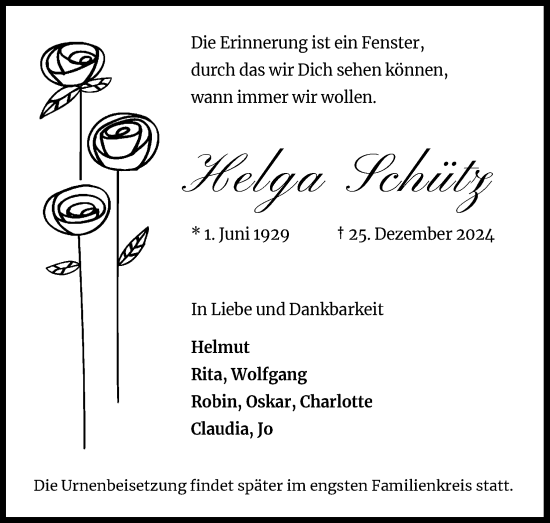 Anzeige von Helga Schütz von Kölner Stadt-Anzeiger / Kölnische Rundschau / Express