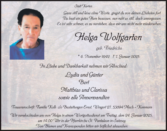 Anzeige von Helga Wolfgarten von  Blickpunkt Euskirchen 