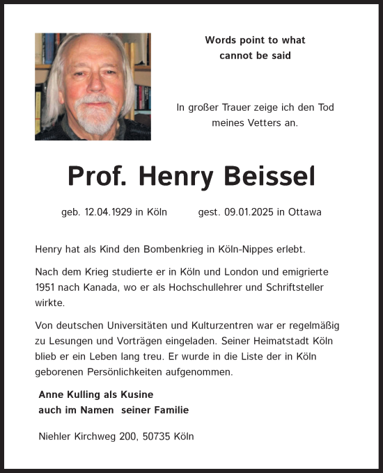 Anzeige von Henry Beissel von Kölner Stadt-Anzeiger / Kölnische Rundschau / Express