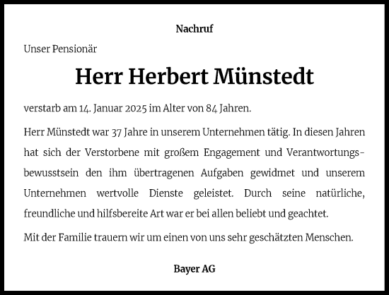 Anzeige von Herbert Münstedt von Kölner Stadt-Anzeiger / Kölnische Rundschau / Express