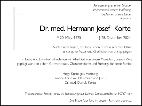 Anzeige von Hermann Josef Korte von Kölner Stadt-Anzeiger / Kölnische Rundschau / Express