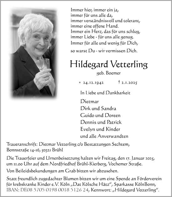 Anzeige von Hildegard Vetterling von  Schlossbote/Werbekurier 
