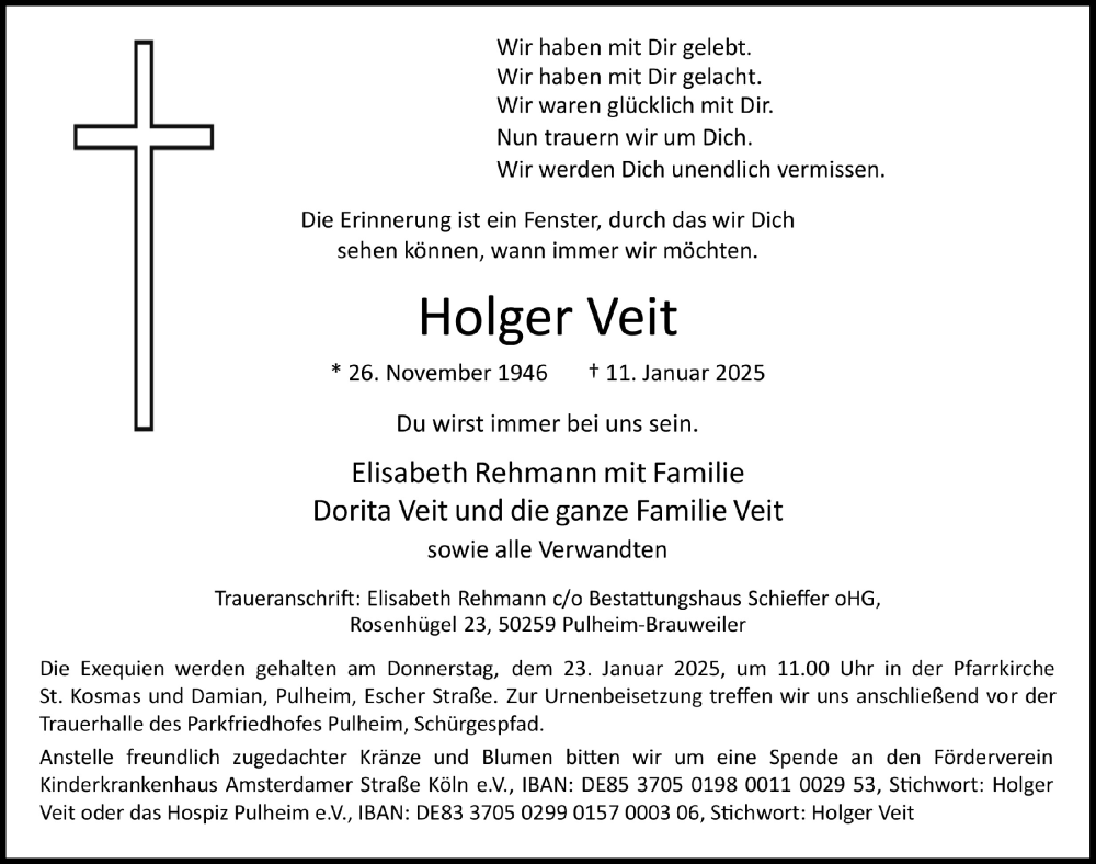  Traueranzeige für Holger Veit vom 17.01.2025 aus  Wochenende 