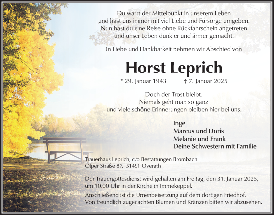 Anzeige von Horst Leprich von  Bergisches Handelsblatt 