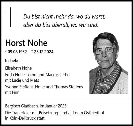 Anzeige von Horst Nohe von Kölner Stadt-Anzeiger / Kölnische Rundschau / Express