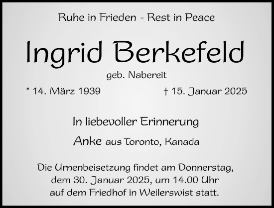 Anzeige von Ingrid Berkefeld von  Blickpunkt Euskirchen 