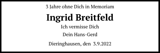 Anzeige von Ingrid Breitfeld von Kölner Stadt-Anzeiger / Kölnische Rundschau / Express